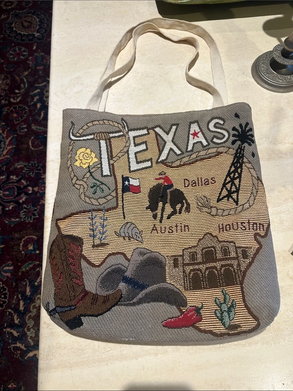 Texas Embroidered Tote Bag - Beige Gray